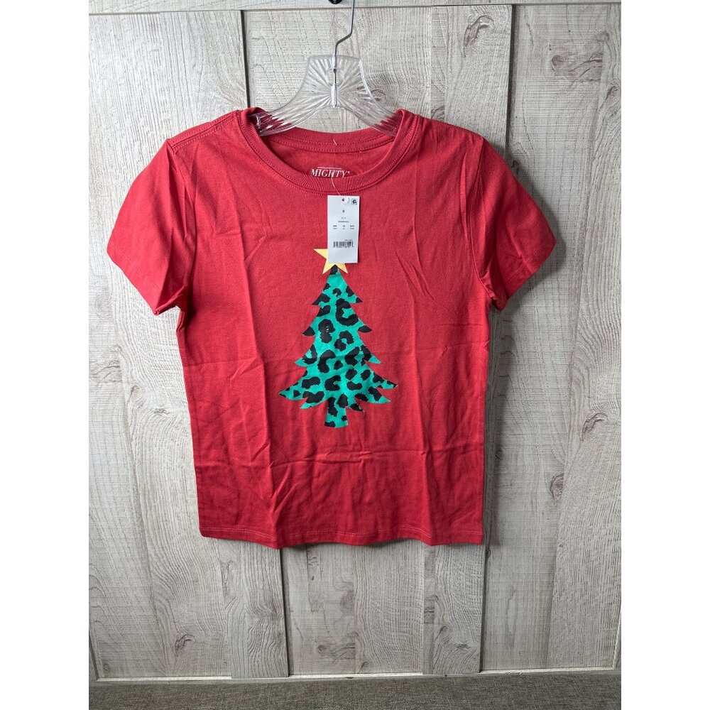 Mighty Fine Red Christmas Tree T-Shirt With Leopard Print Design Womens Size S